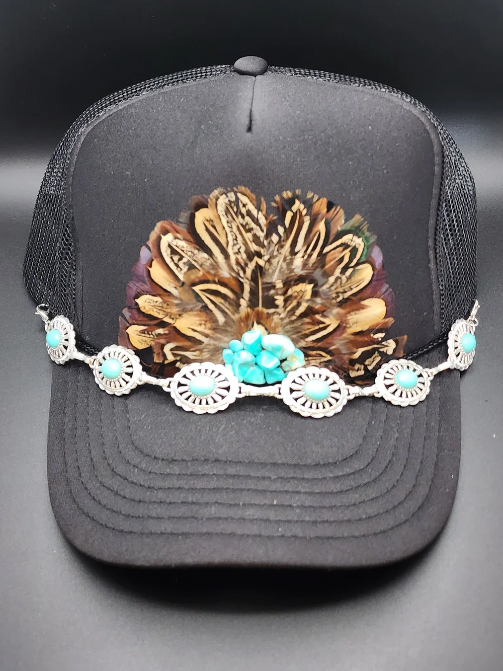 Black Feather Trucker Hat with Turquoise Concho Band - Picture 1 of 1